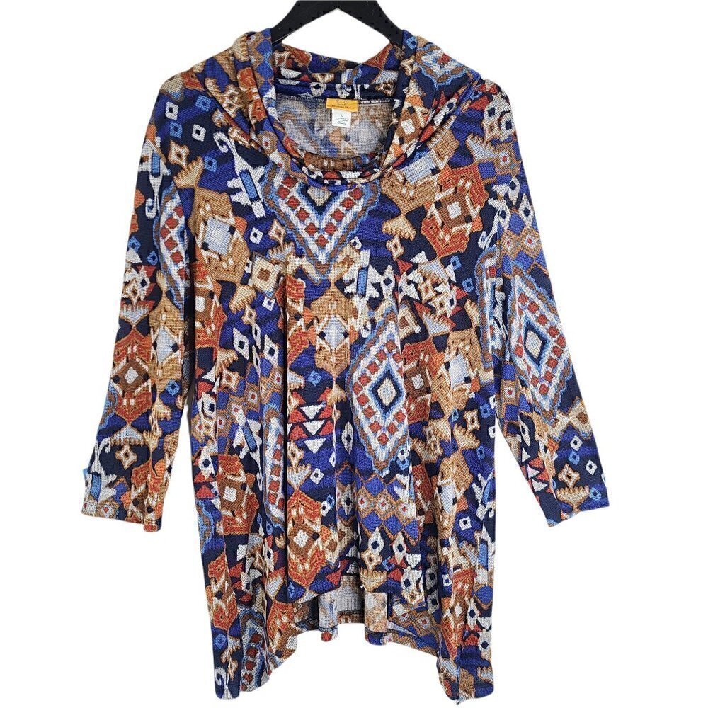 Ruby Rd. Brown Navy Navajo Tribal Cowl Neck Sharkbite Hem Long Sleeve Top